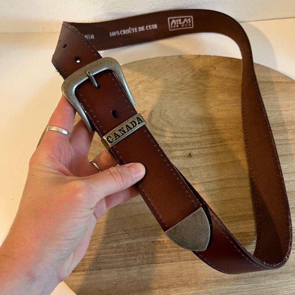 Brown Genuine Leather CANADA Embellished Silver Tip Belt Unisex Size Large - Picture 2 of 9